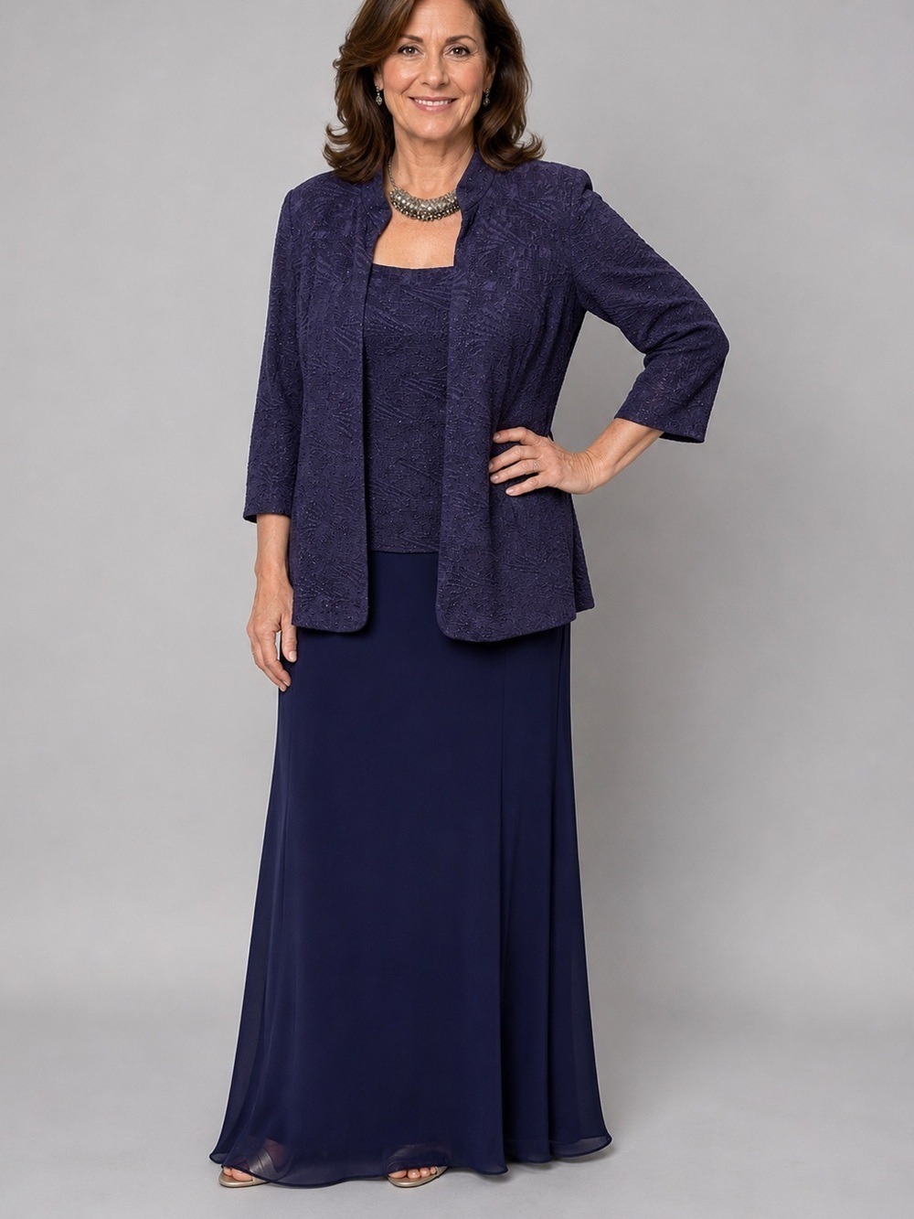 DAVID'S BRIDAL Purple Metallic Maxi Dress Jacket Set Size 18 20